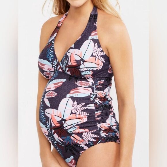 Motherhood Maternity One Piece Swimsuit Ruched Floral Swim Halter Womens Size L - Picture 1 of 7